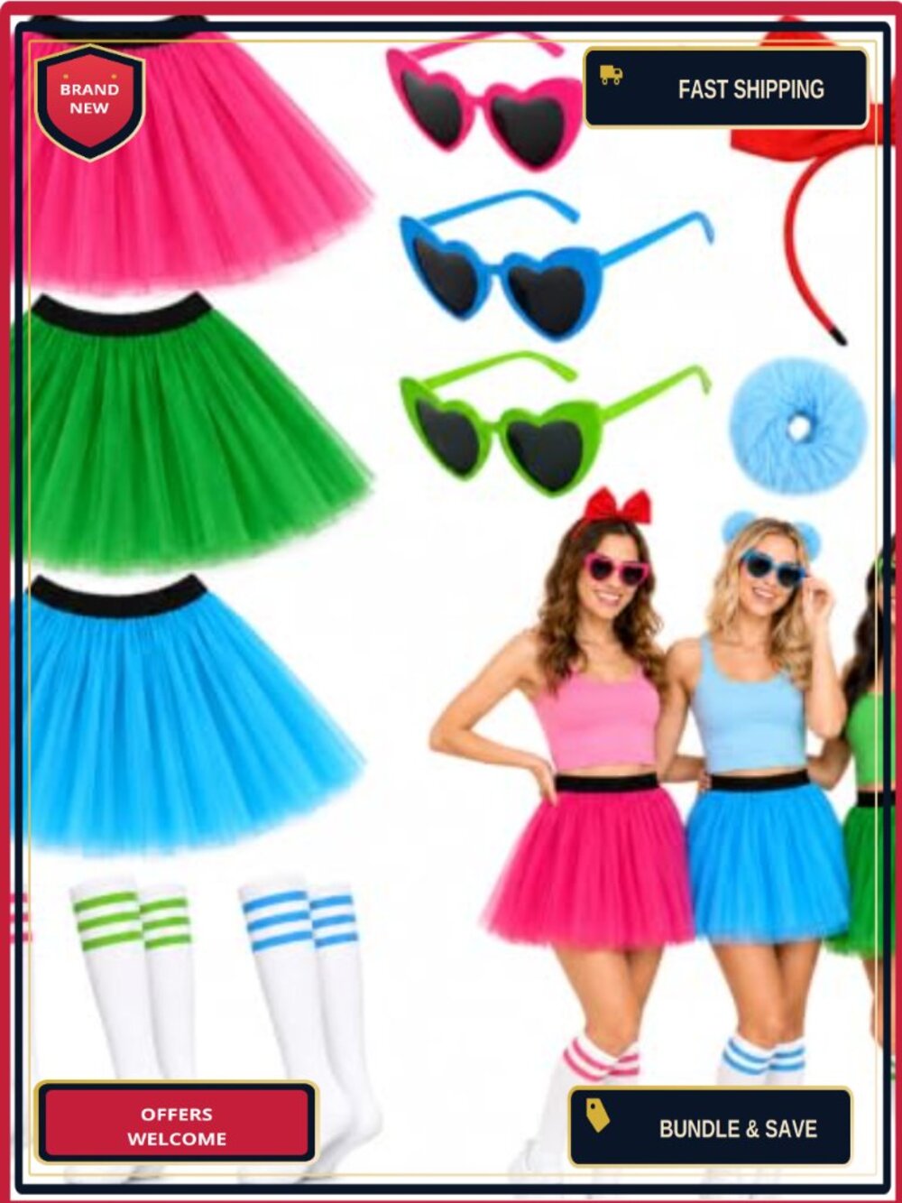 7-Piece Halloween Costume Set Tutu Skirt Bow Headband Socks Glasses for Women